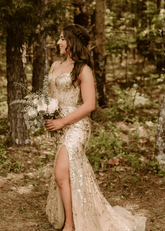 Cynthia | Off the Shoulder Gold Mermaid Sequin Corset Prom Dress with Slit - Gold - PromDressClub